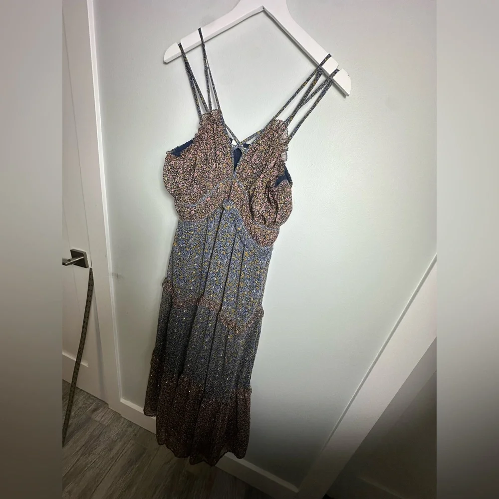 Lucky Brand Ruffle Floral Maxi Sundress Blue Brown w Gold  Size Large - Picture 13 of 16